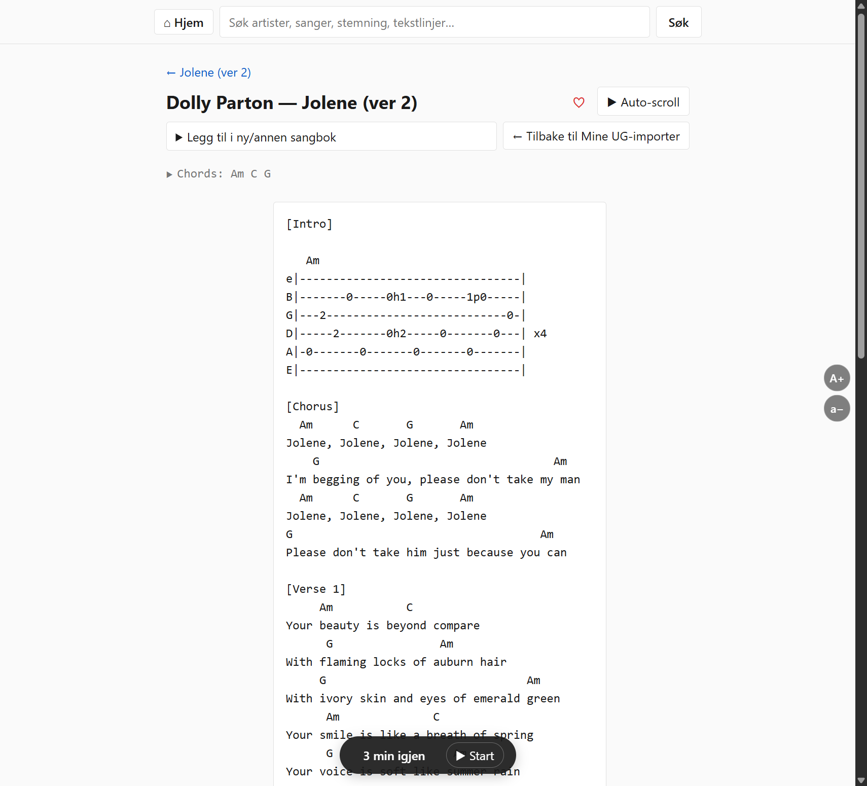 An imported Jolene tab rendered in TabTabTab