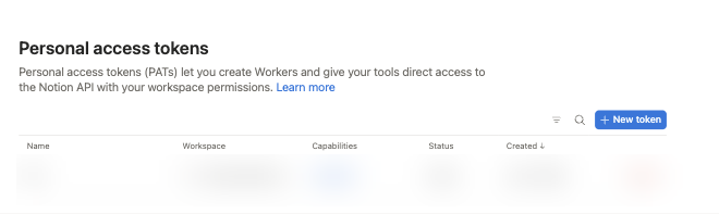 Notion developer portal — the Personal access tokens page with the + New token button in the top right