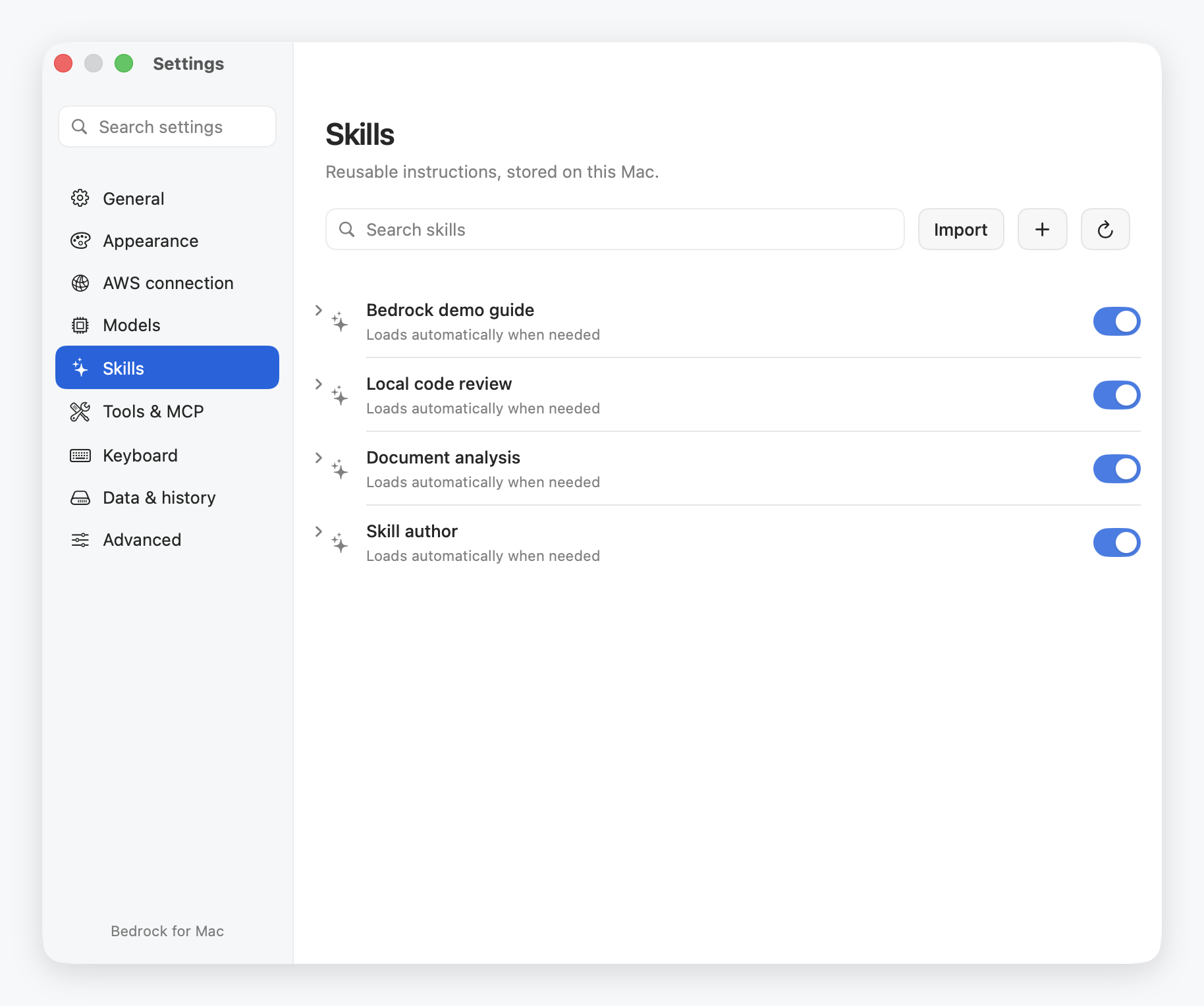 Settings with local skill import, creation, reload, and enable controls.