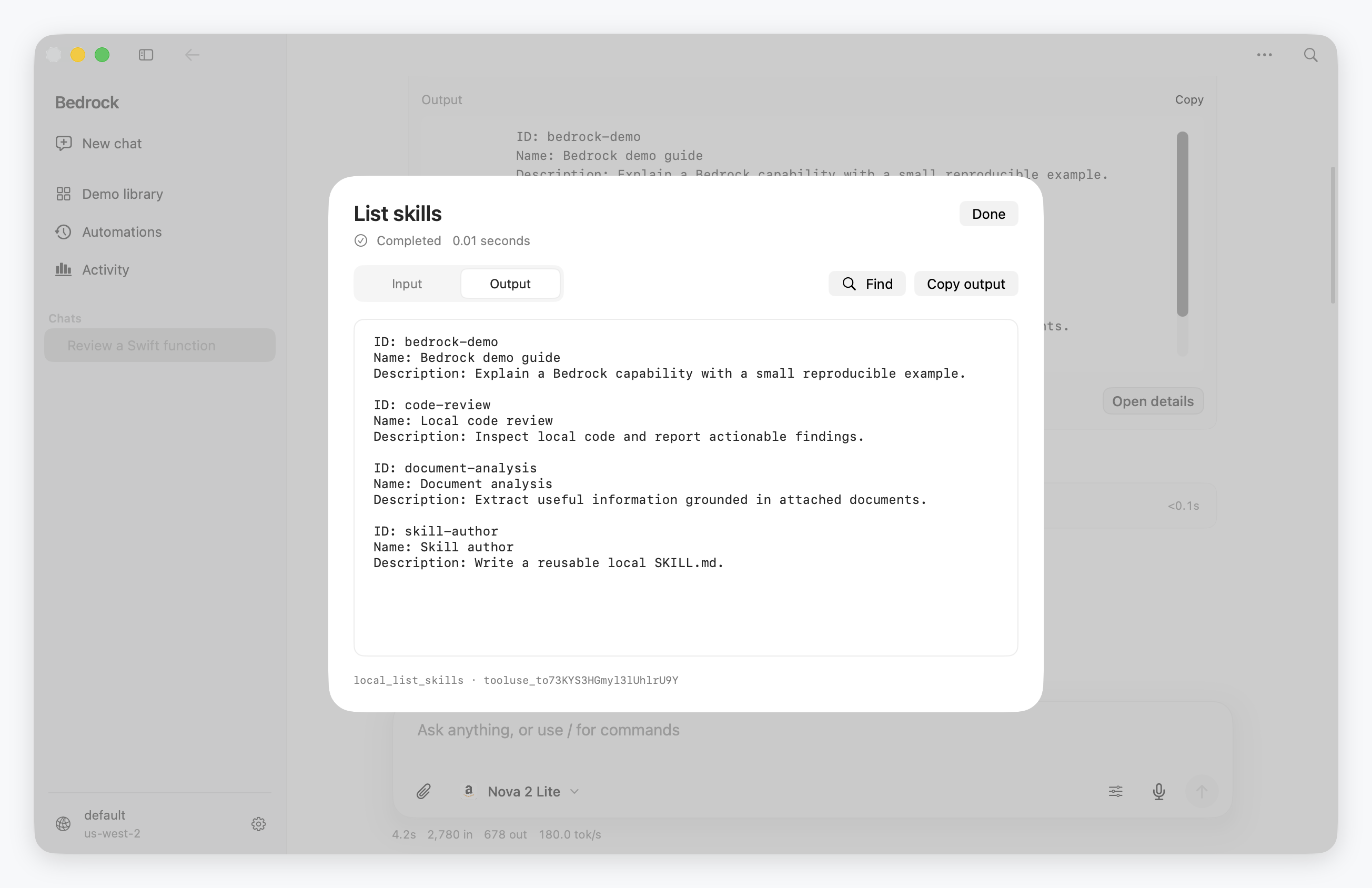 The original output from a real skill-listing tool call, in a separate searchable detail view.