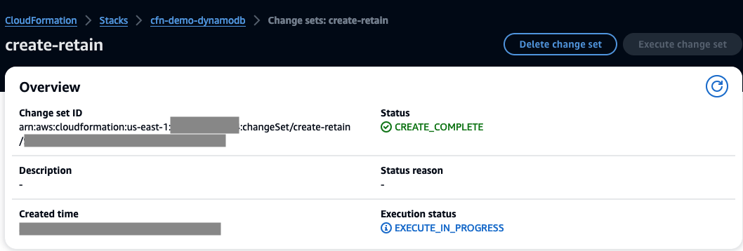 create-retain executing change set