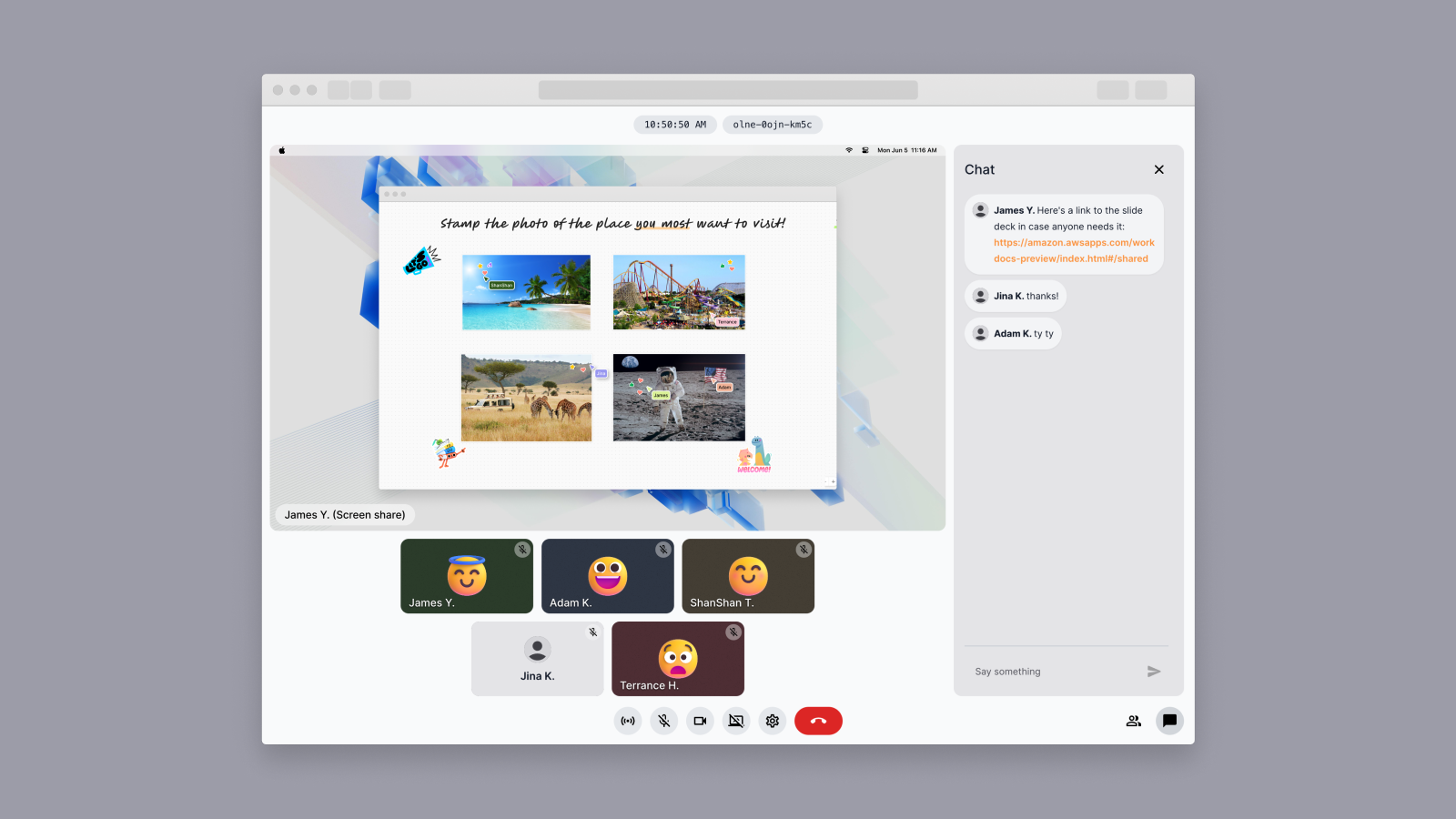 A web browser showing the demo application. Webcam videos from multiple participants are shown on screen in a grid formation, with controls for broadcasting, microphone, camera, screen-sharing, settings and leave meeting. A side panel containing a chat conversation is displayed next to the video grid.