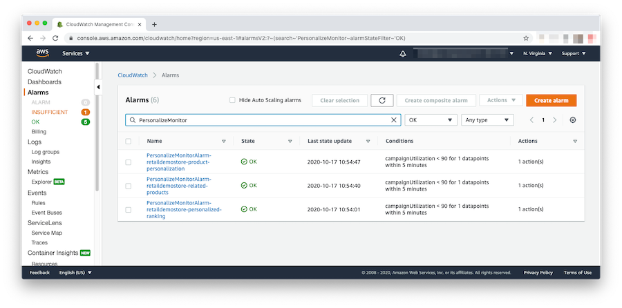 Personalize Monitor CloudWatch Alarms