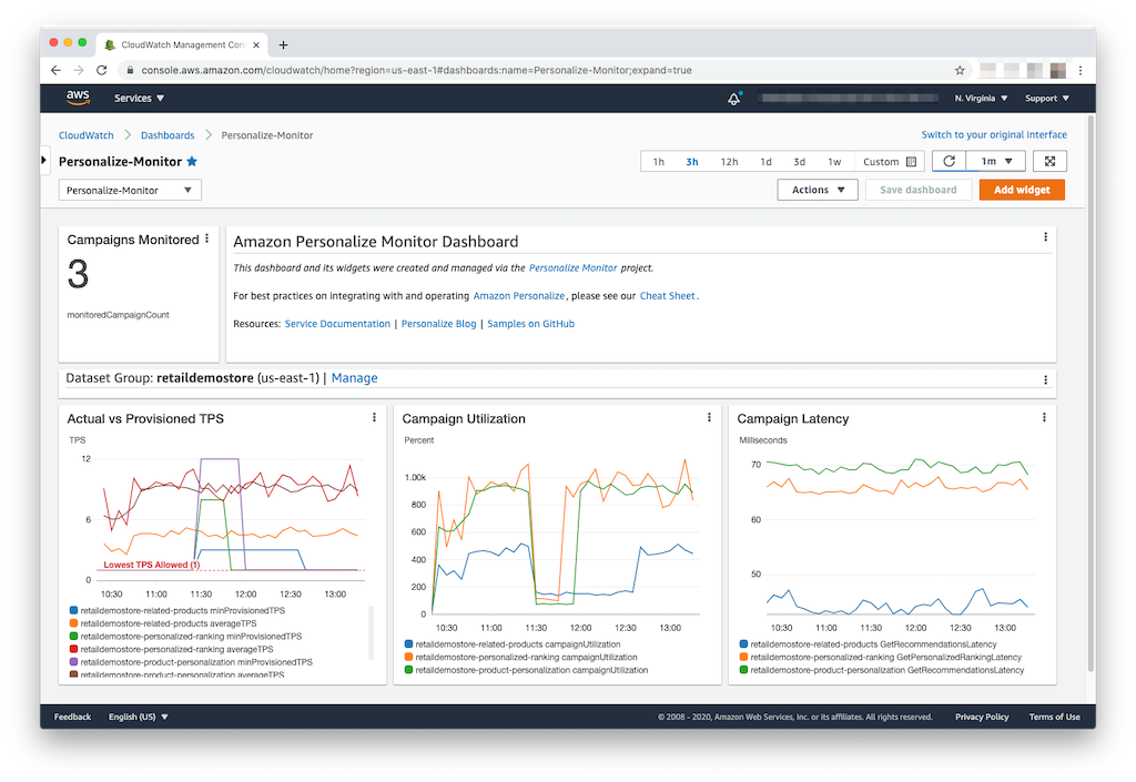 Personalize Monitor CloudWatch Dashboard