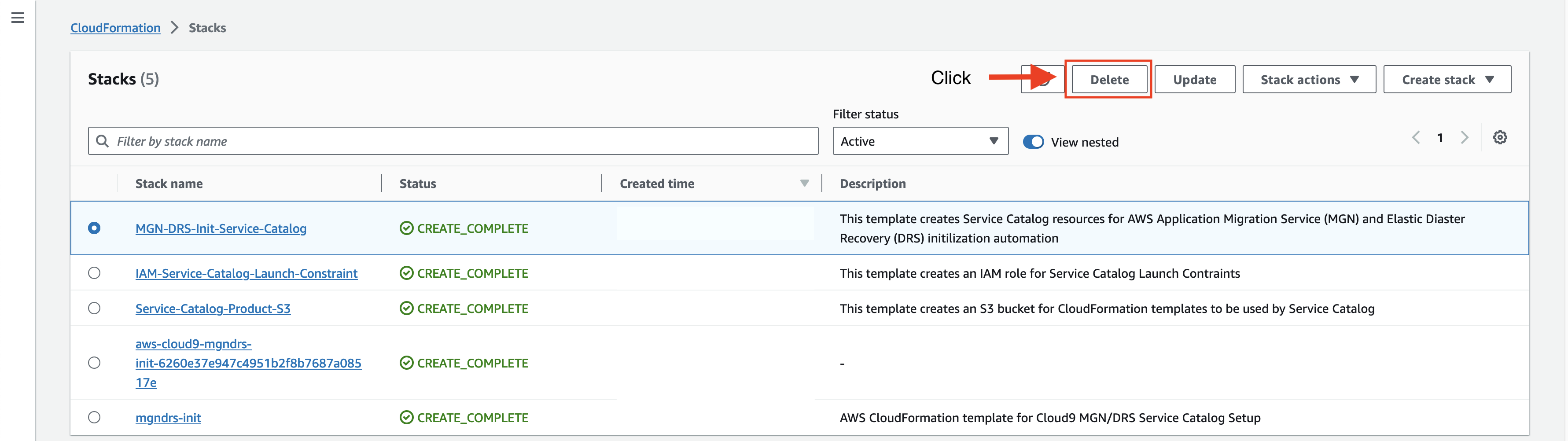 Figure 23: Delete CloudFormation Stacks -- AWS Organizations Management Account