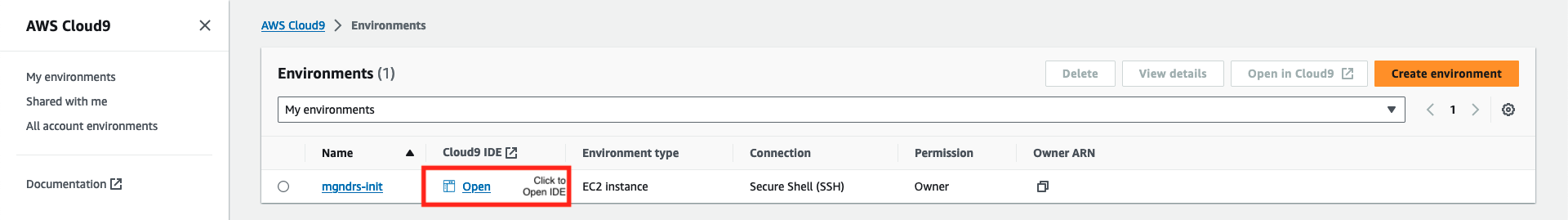 Figure 12: Open the AWS Cloud9 IDE