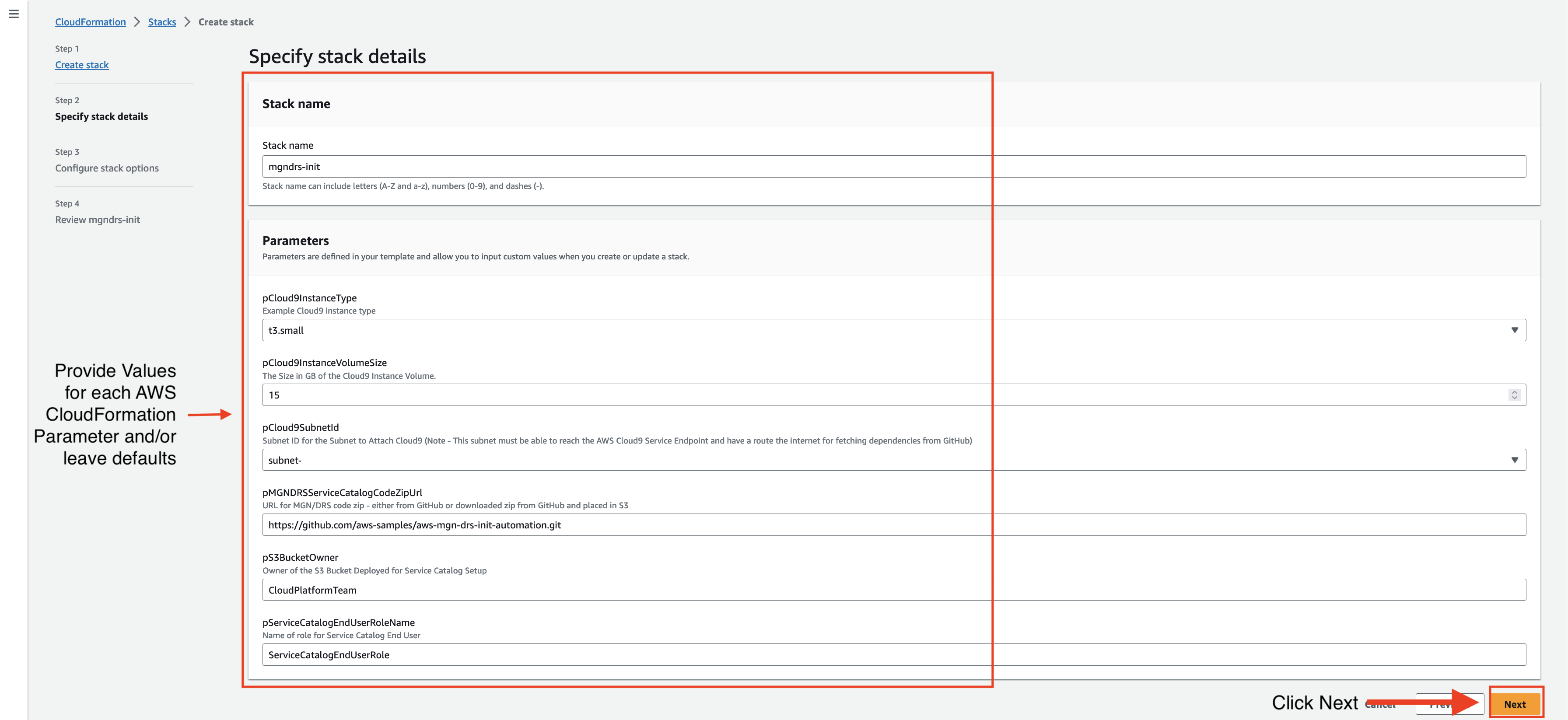 Figure 5: CloudFormation Create Stack Console