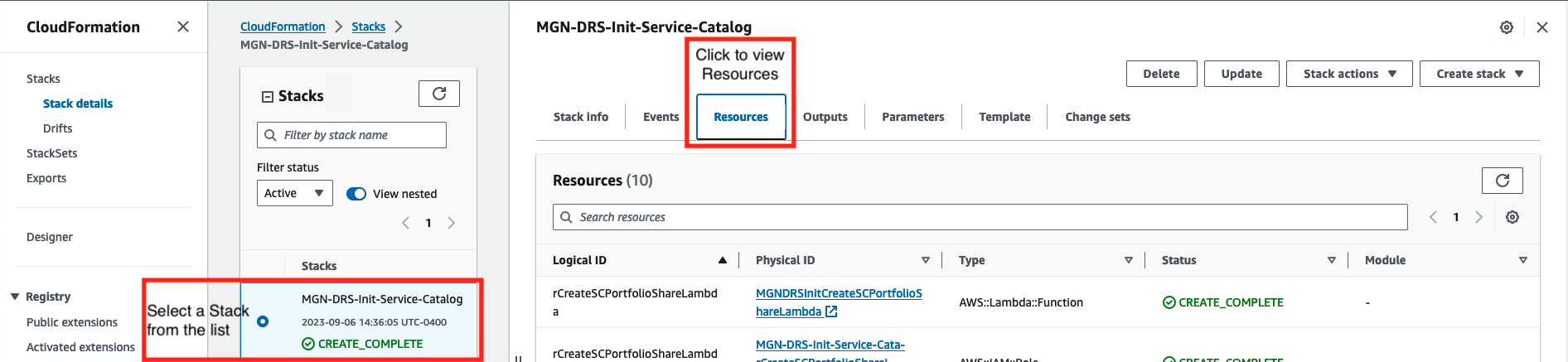 Figure 6: CloudFormation Stack -- Resources Tab