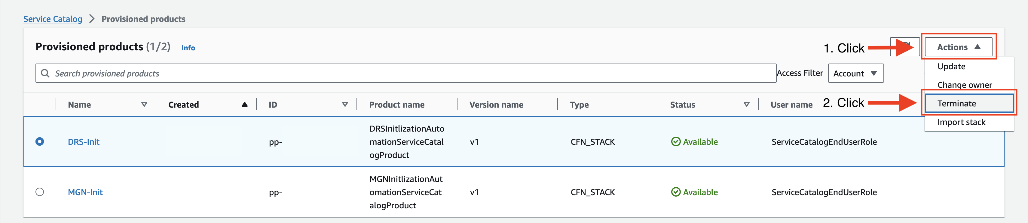 Figure 25: Terminate Service Catalog Product