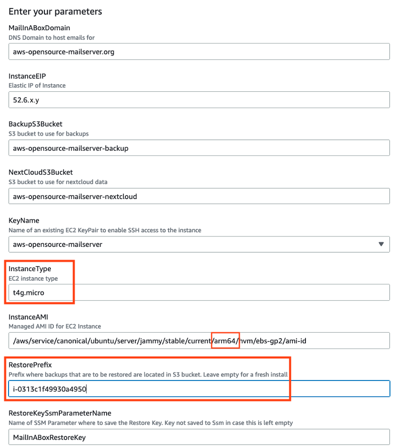 CloudFormation stack parameters for deploying a Graviton based mail server