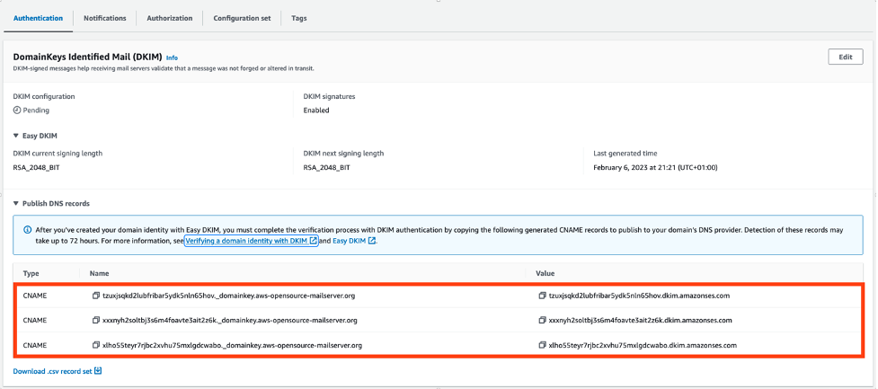 SES Console DKIM verification