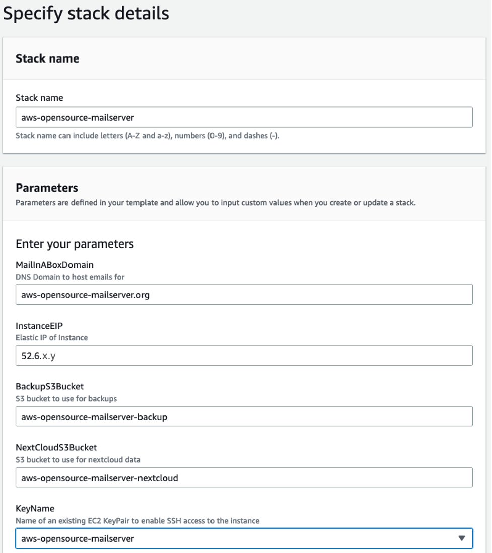 Parameters for launching the CloudFormation stack