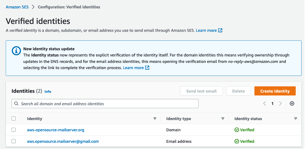 Verified identities in Amazon SES Console