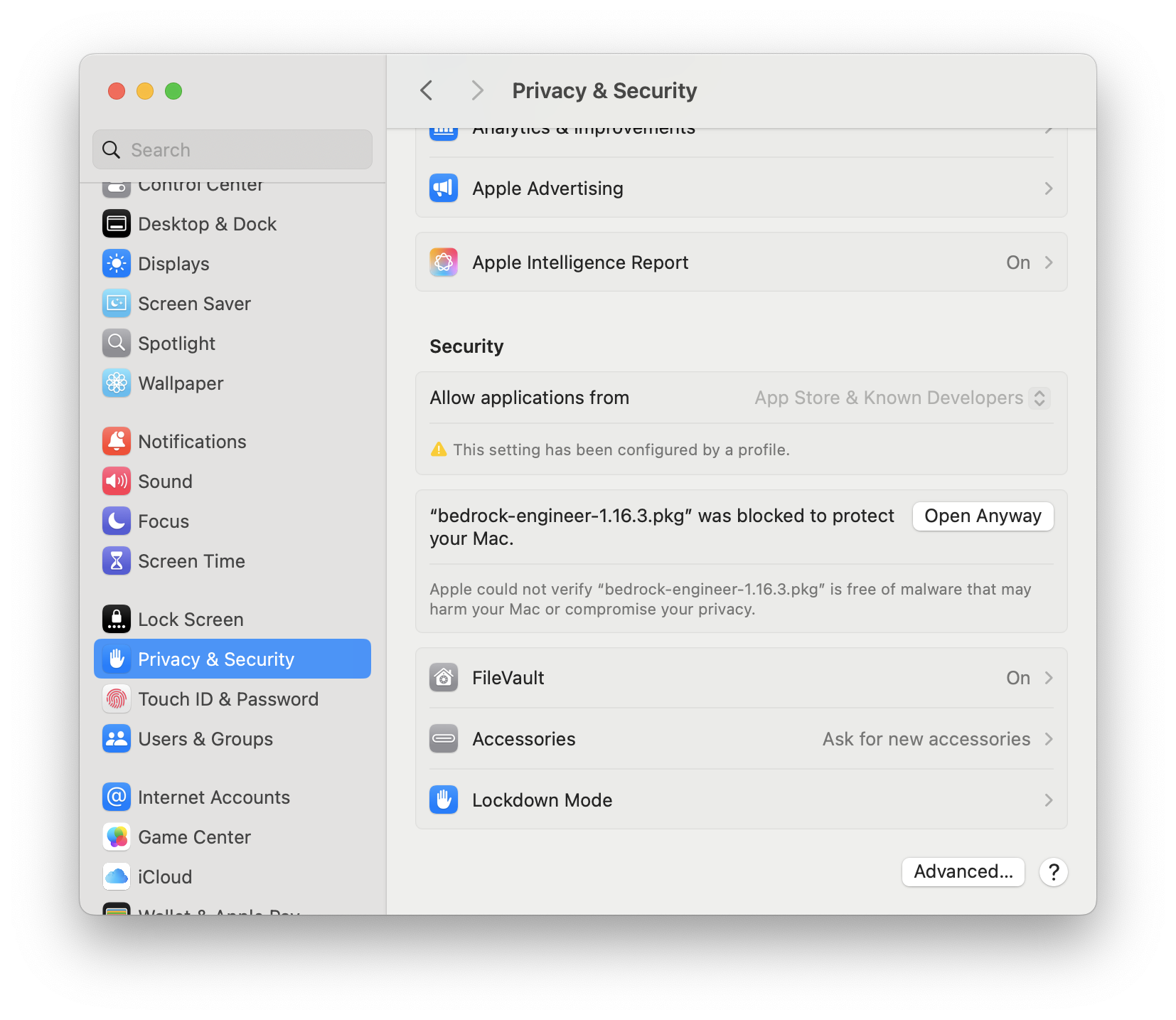 PKG Security Warning Privacy Setting