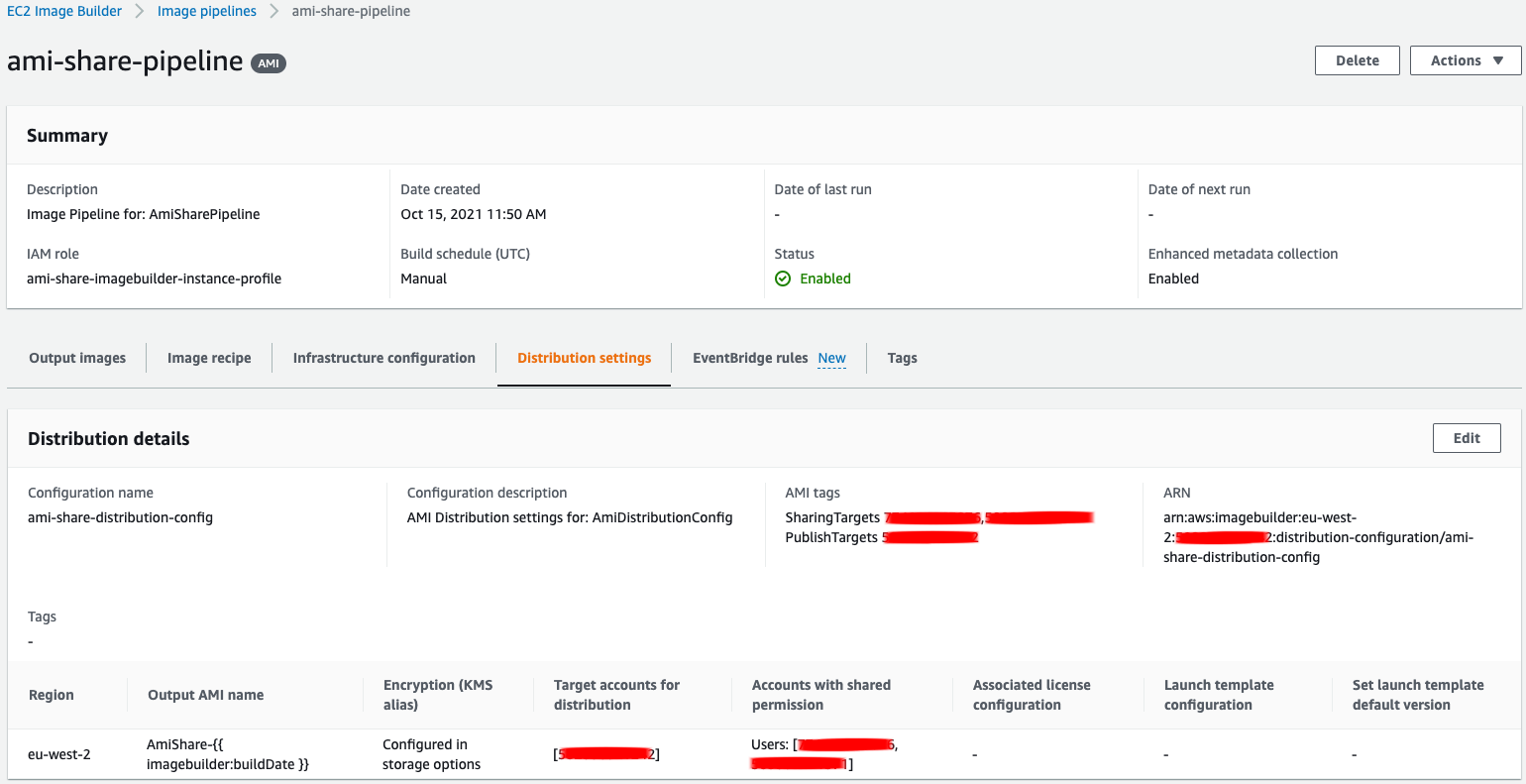 EC2 Image Builder AMI distribution settings