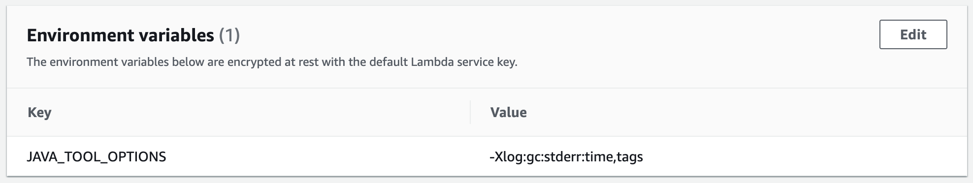 JAVA_TOOL_OPTIONS environment variable to activate GC logging in the AWS Lambda console
