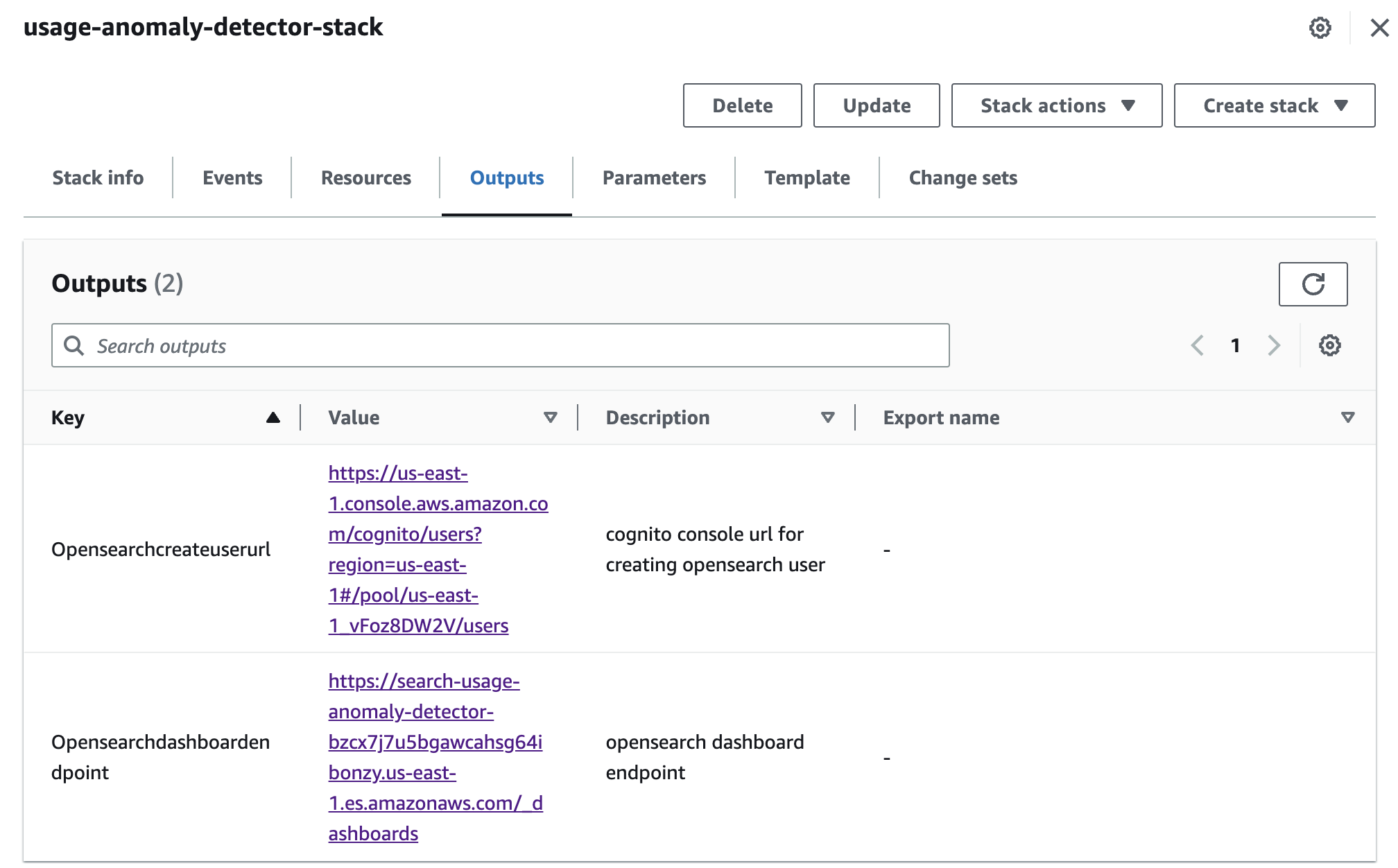 CloudFormation Outputs tab