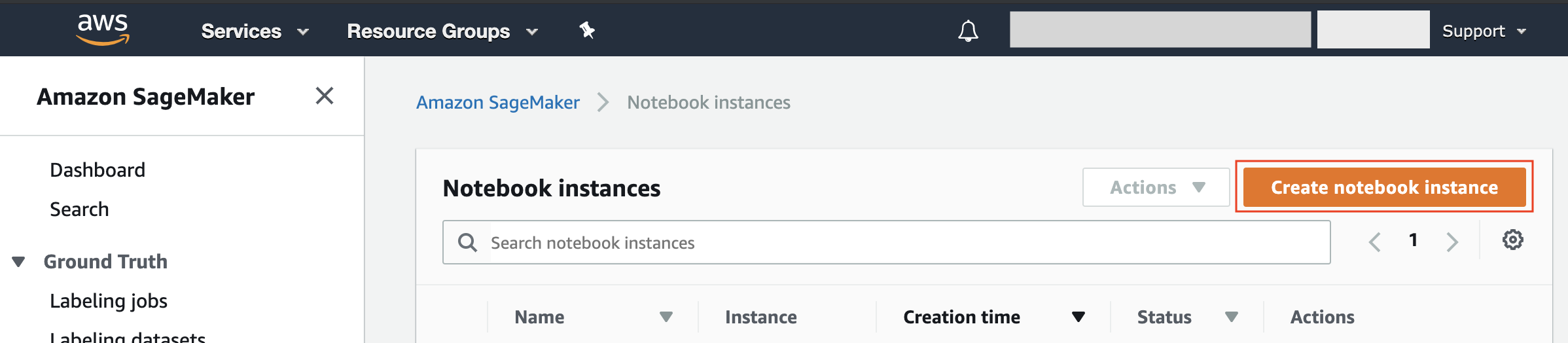 Notebook Instances screen