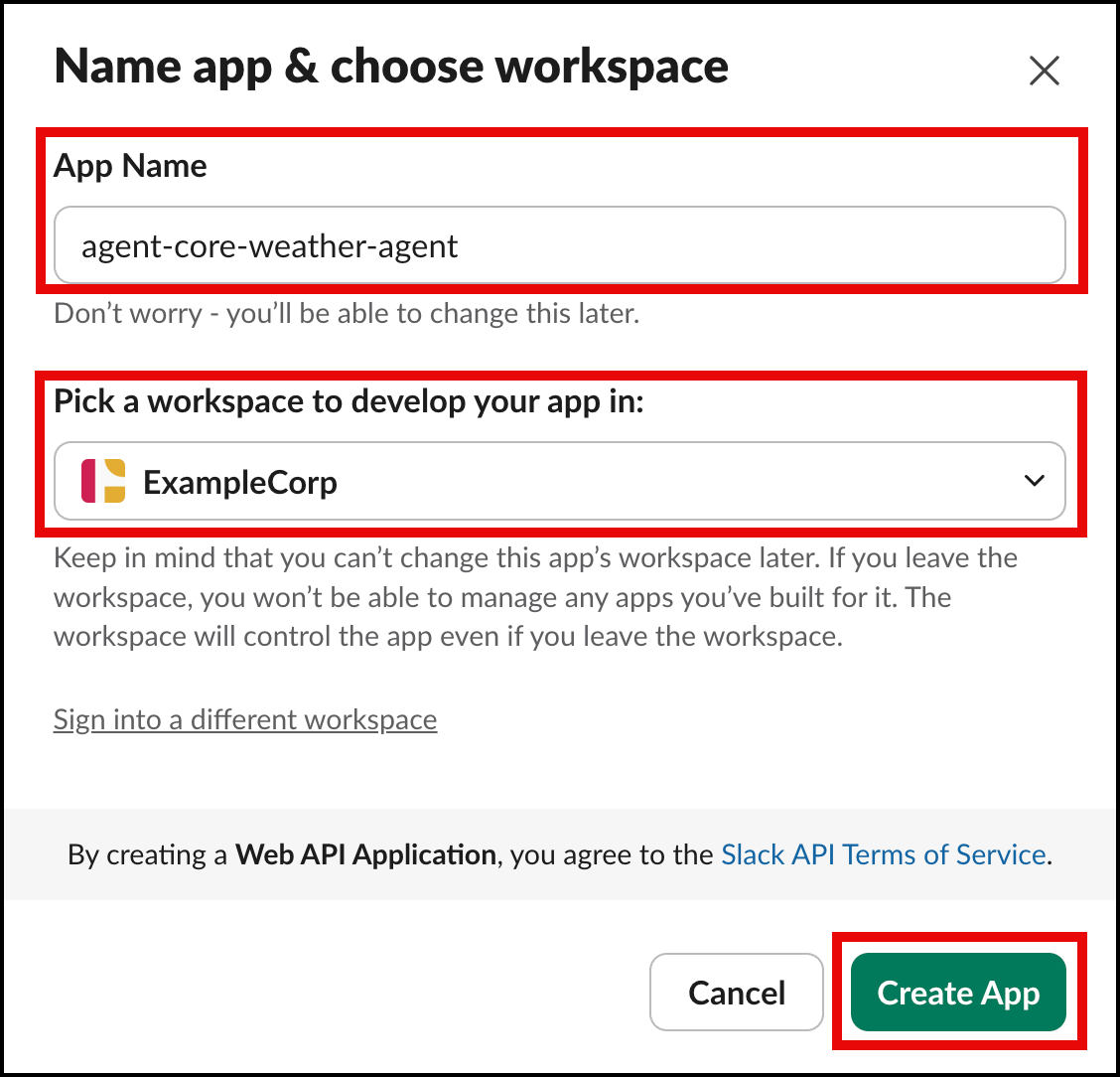 Name app and choose workspace