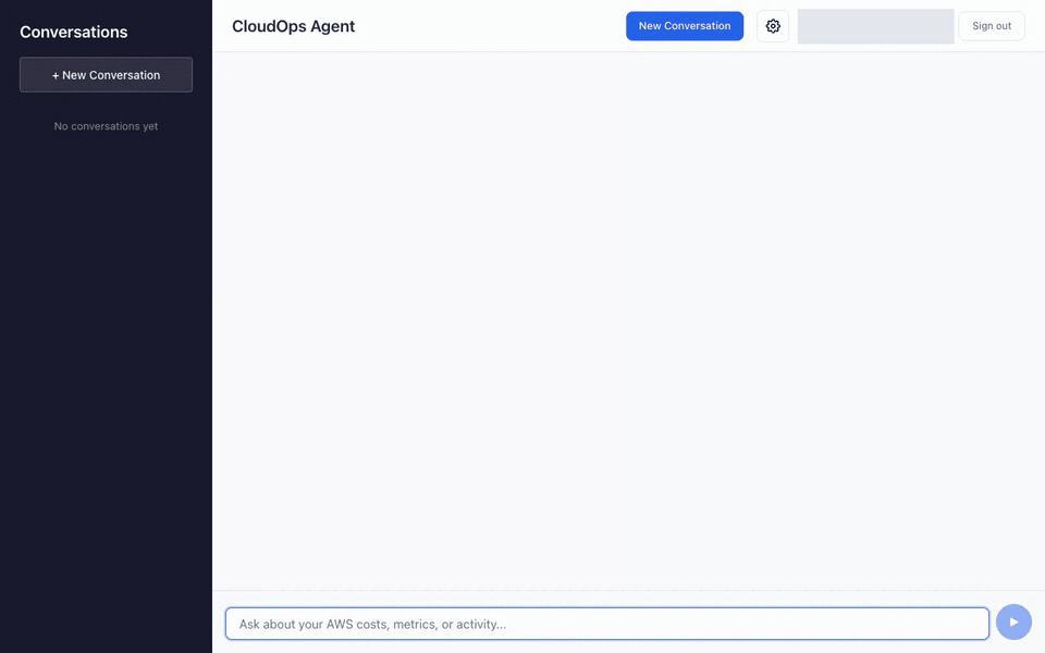 Real CloudOps app: create a conversation, request a CloudWatch alarm summary, then reload and reopen the saved answer