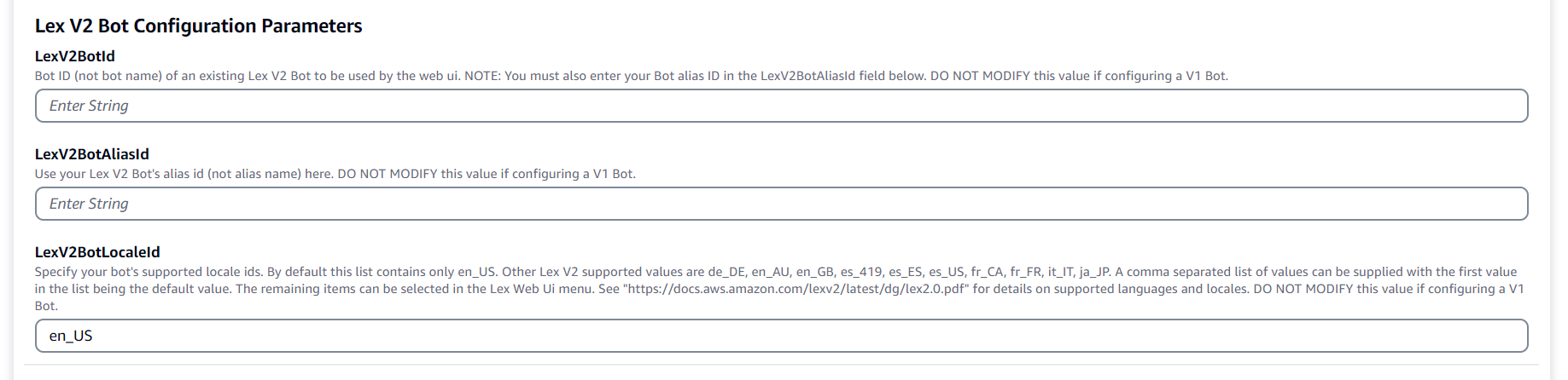 Provide a LexV2BotId & LexV2BotAliasId