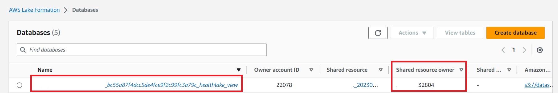 Screenshot on how to locate Lake Formation database name and shared resource owner ID