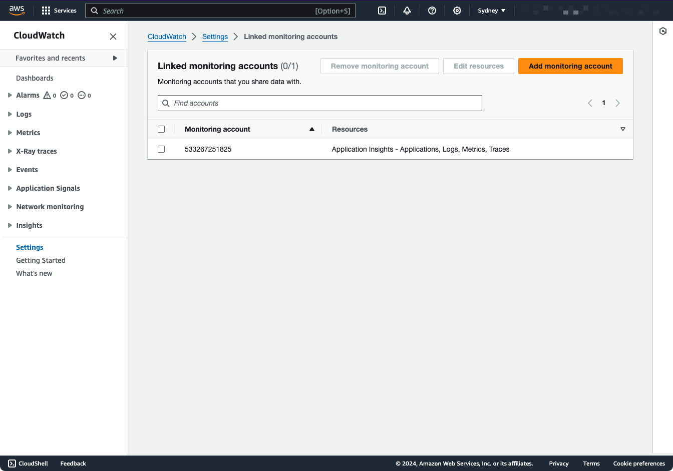 Screenshot showing CloudWatch regional dashboard for ap-southeast-2 in the Source account in the manage OAM Link tab
