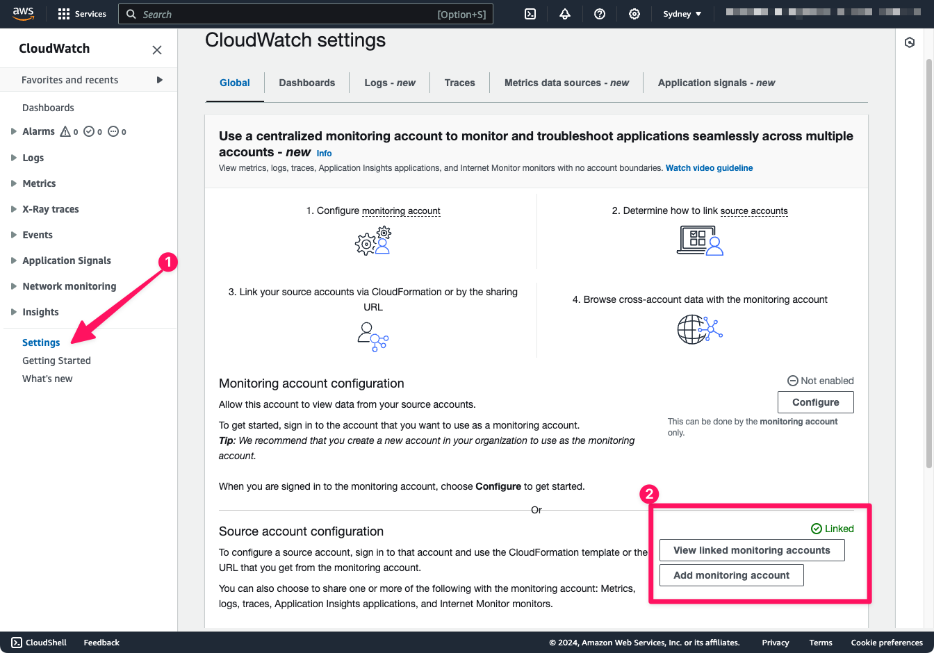 Screenshot showing CloudWatch regional dashboard for ap-southeast-2 in the Source account