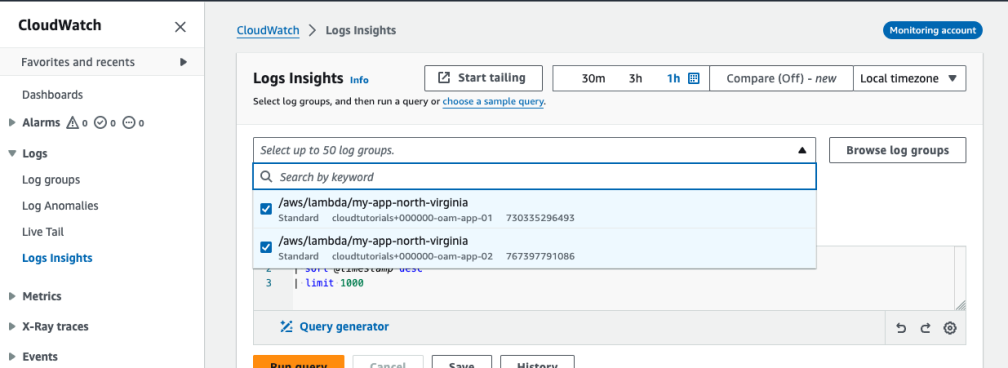 Screenshot of CloudWatch Logs dashboard in us-east-1 in Monitoring account using Log Insights to query log groups from both Source accounts
