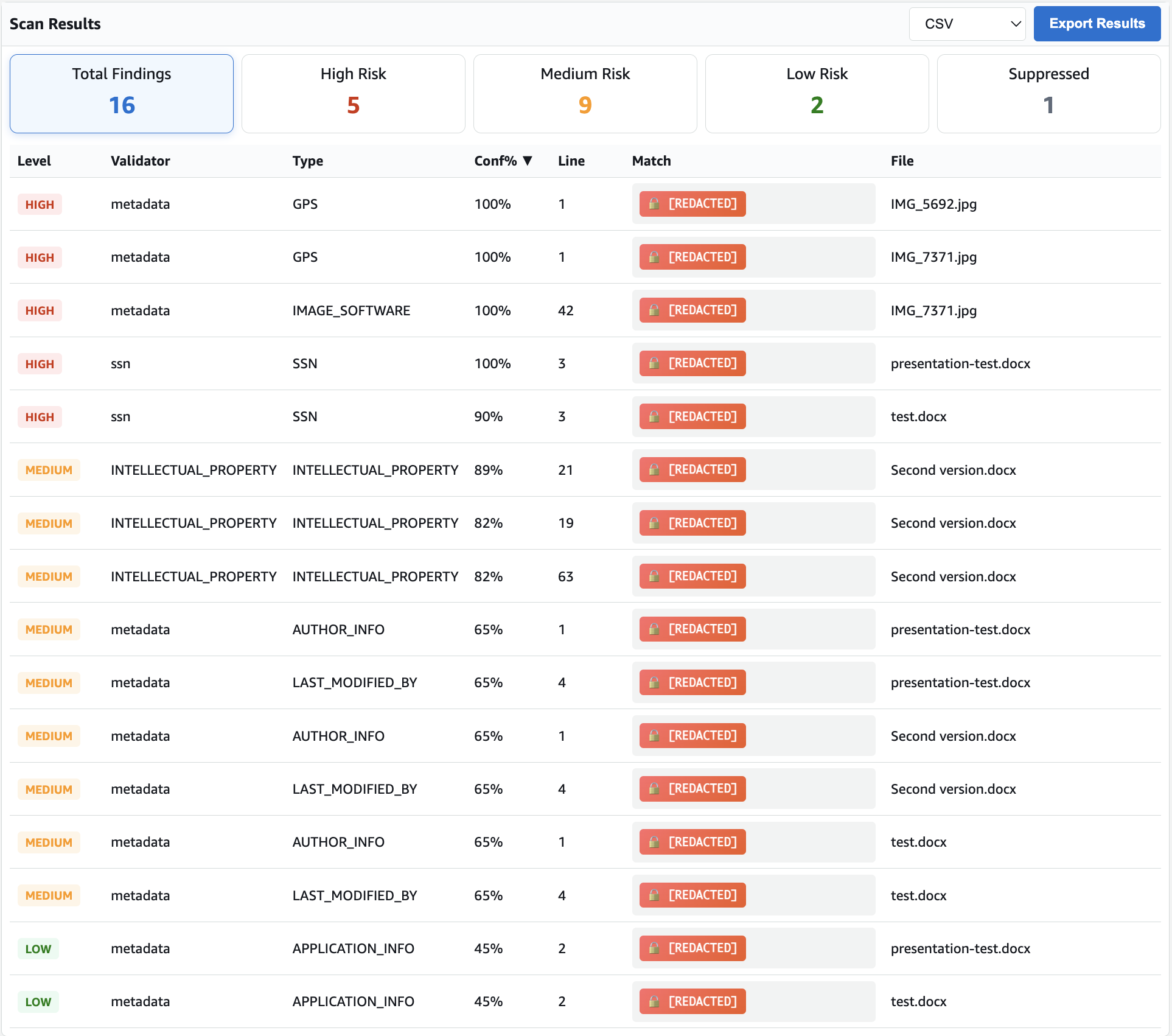 ferret-scan web UI — scan results