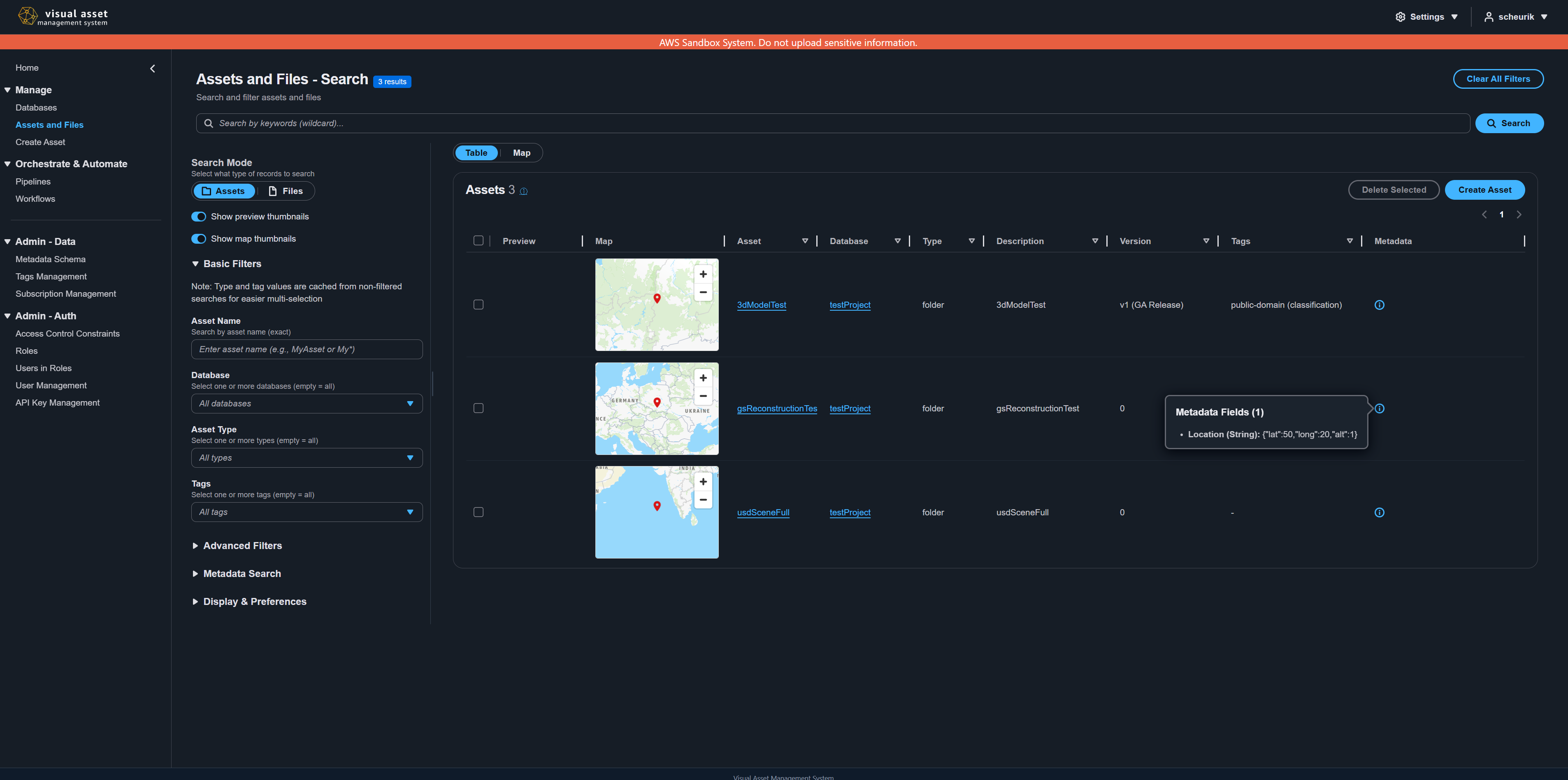 Asset search table view