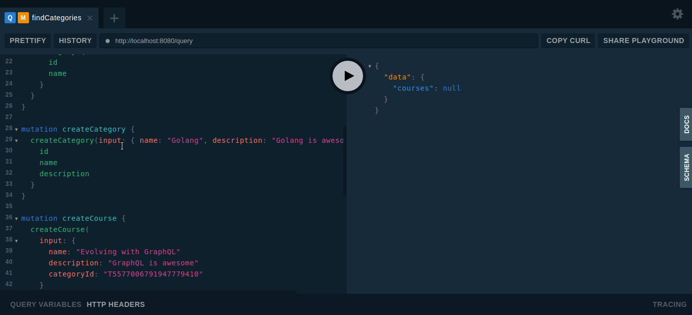 GraphQL Playground example, creating courses, categories and chapters