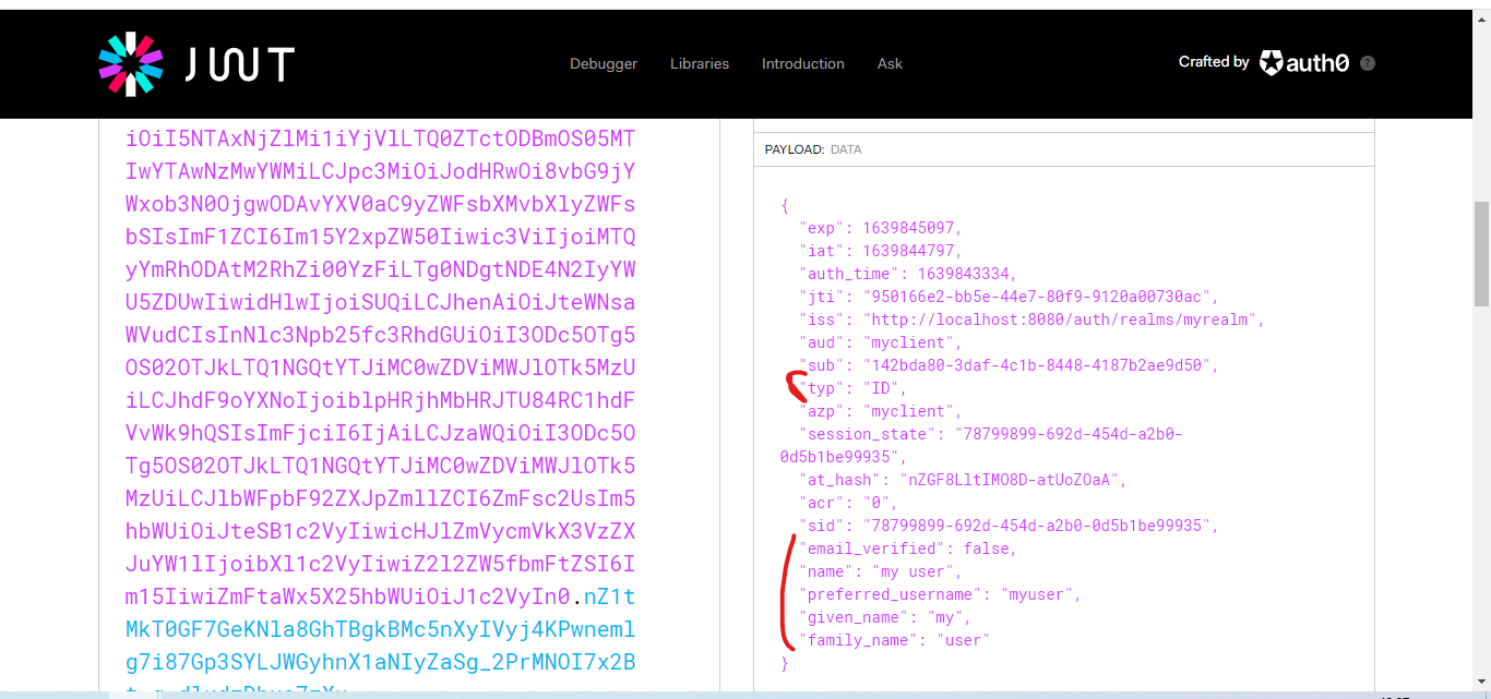 Shows the id token payload
