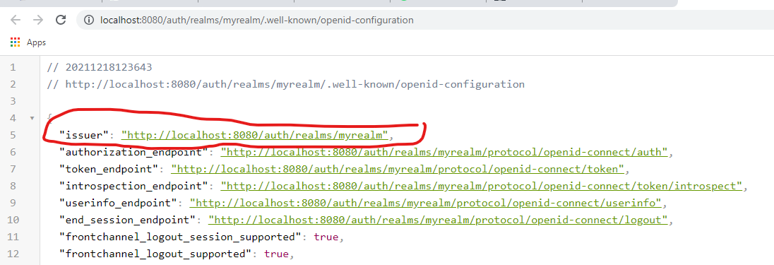 Shows the issuer link inside the json with the endpoints