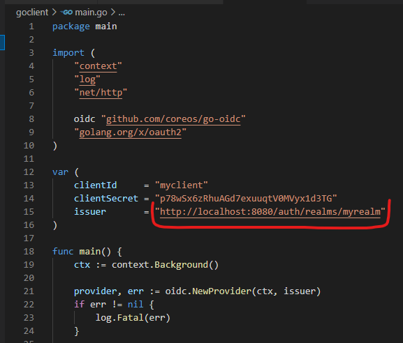 Shows where to change the realm issuer URL in the Go application code
