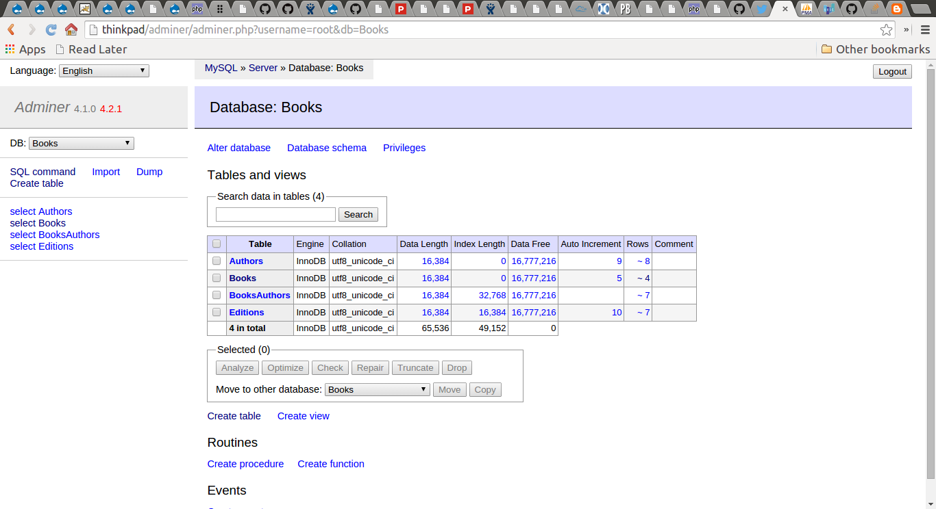 Adminer tables view