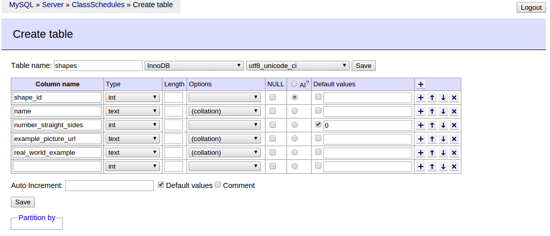 Creating a table in Adminer