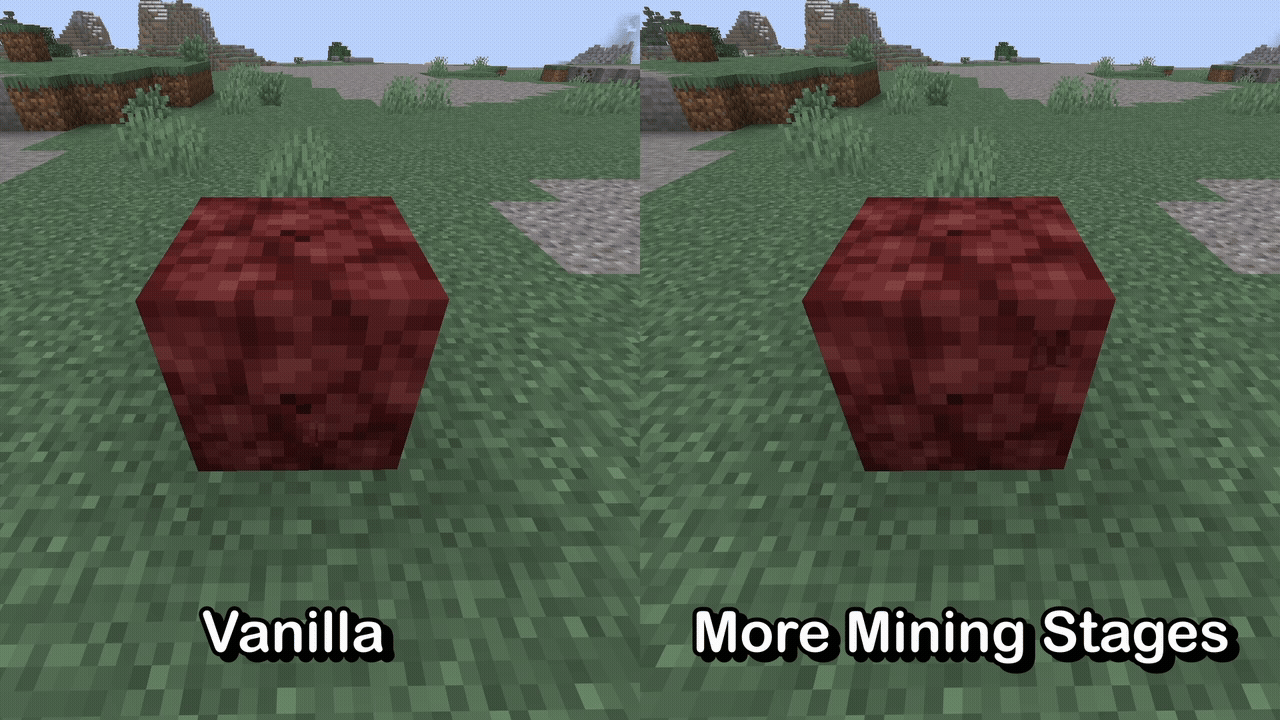 Vanilla and More Mining Stages comparison, block of netherrack being destroyed