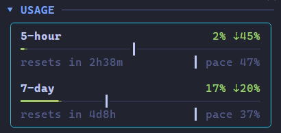 The usage card: the 5-hour and 7-day limits with their pace ticks
