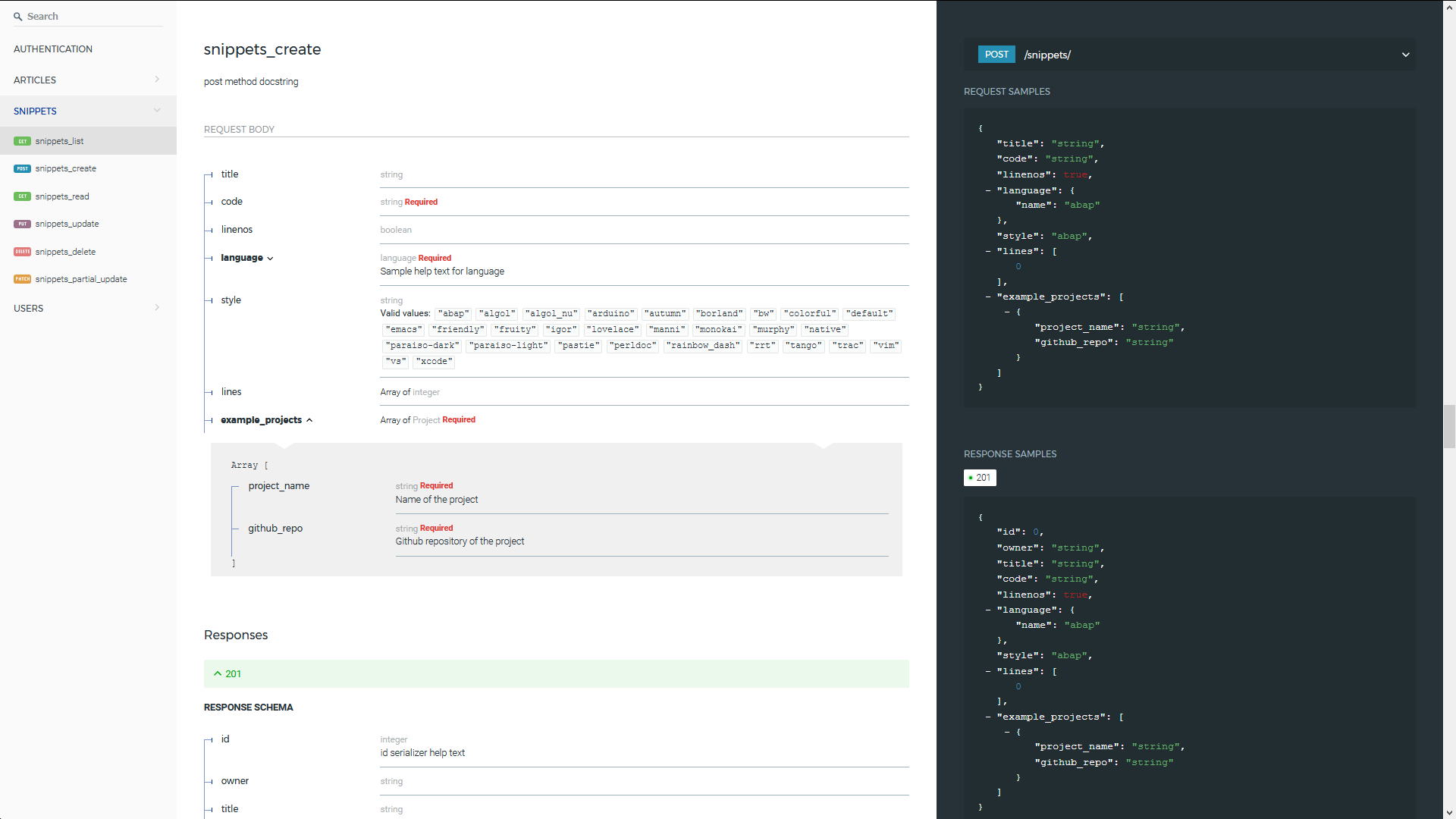 Fully nested request and response schemas.