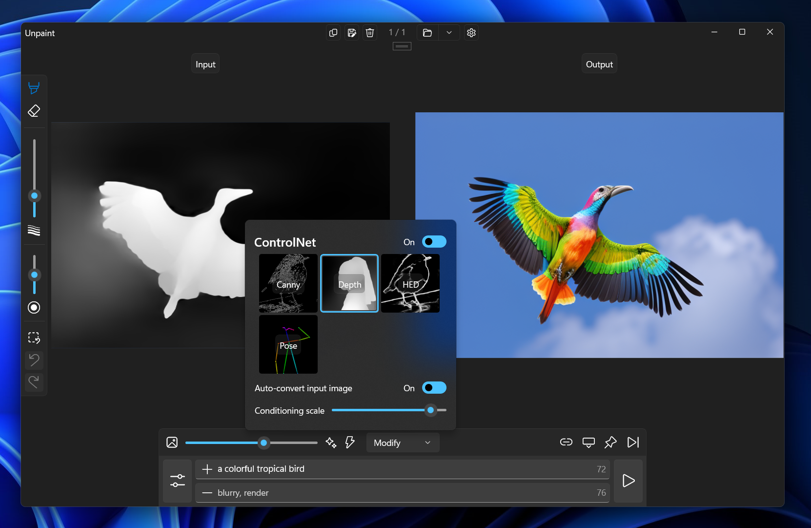 Running ControlNet image generation inside Unpaint an image showing a windowed application where the left side shows a depth map of a flying bird, while the right side shows similarly shaped tropical bird