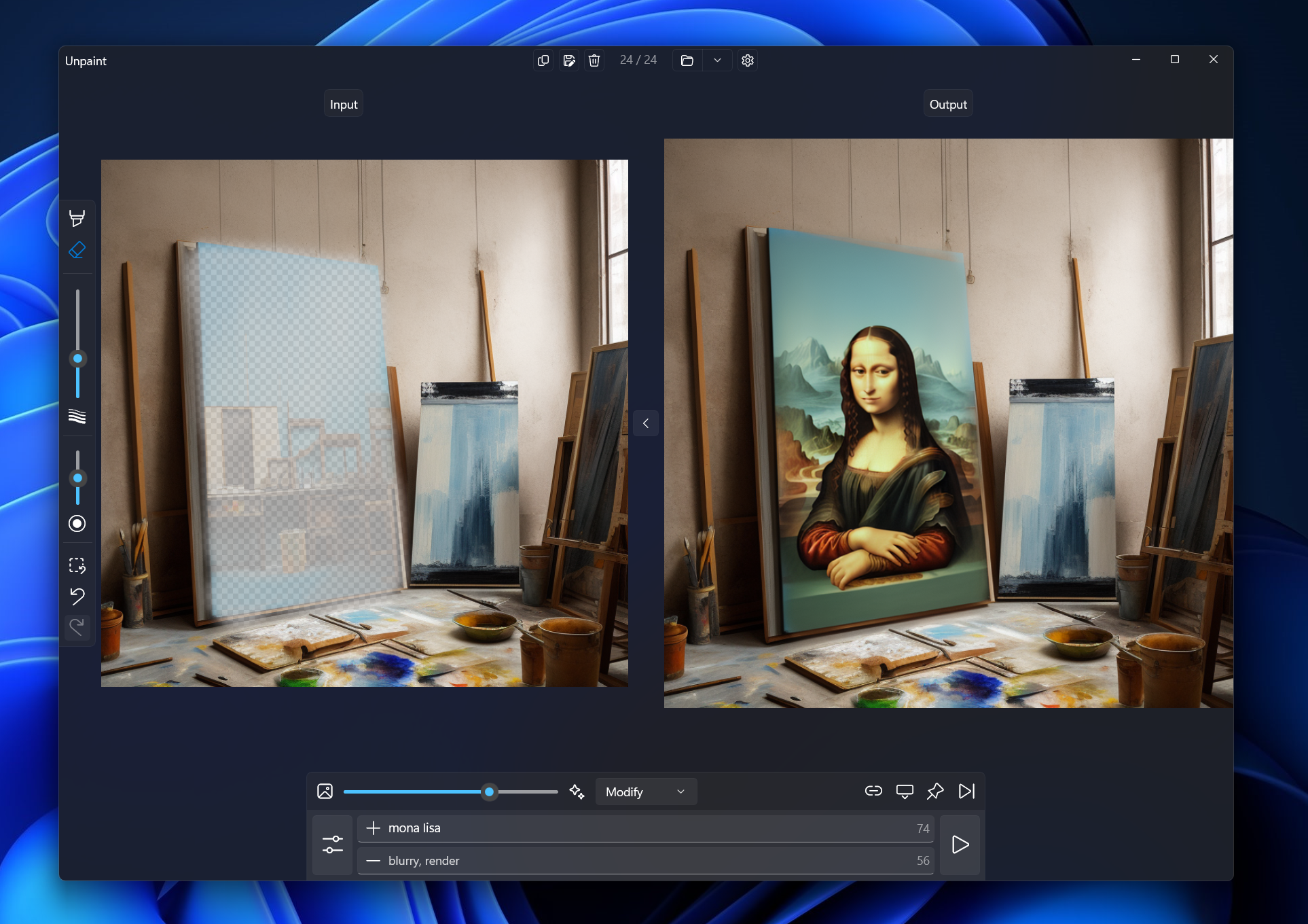 The in-painting view in Unpaint an image showing a windowed application where the left side shows a painter's workshop with a canvas selected, while the right side shows the same image, but with the selected canvas replaced with a variation of Mona Lisa