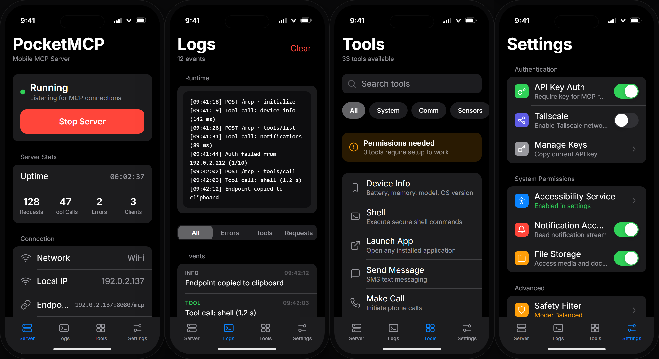 PocketMCP — Server, Logs, Tools, and Settings in dark mode