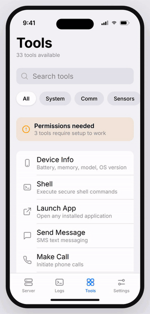 PocketMCP UI walkthrough — tabs, filters, chips, dark mode