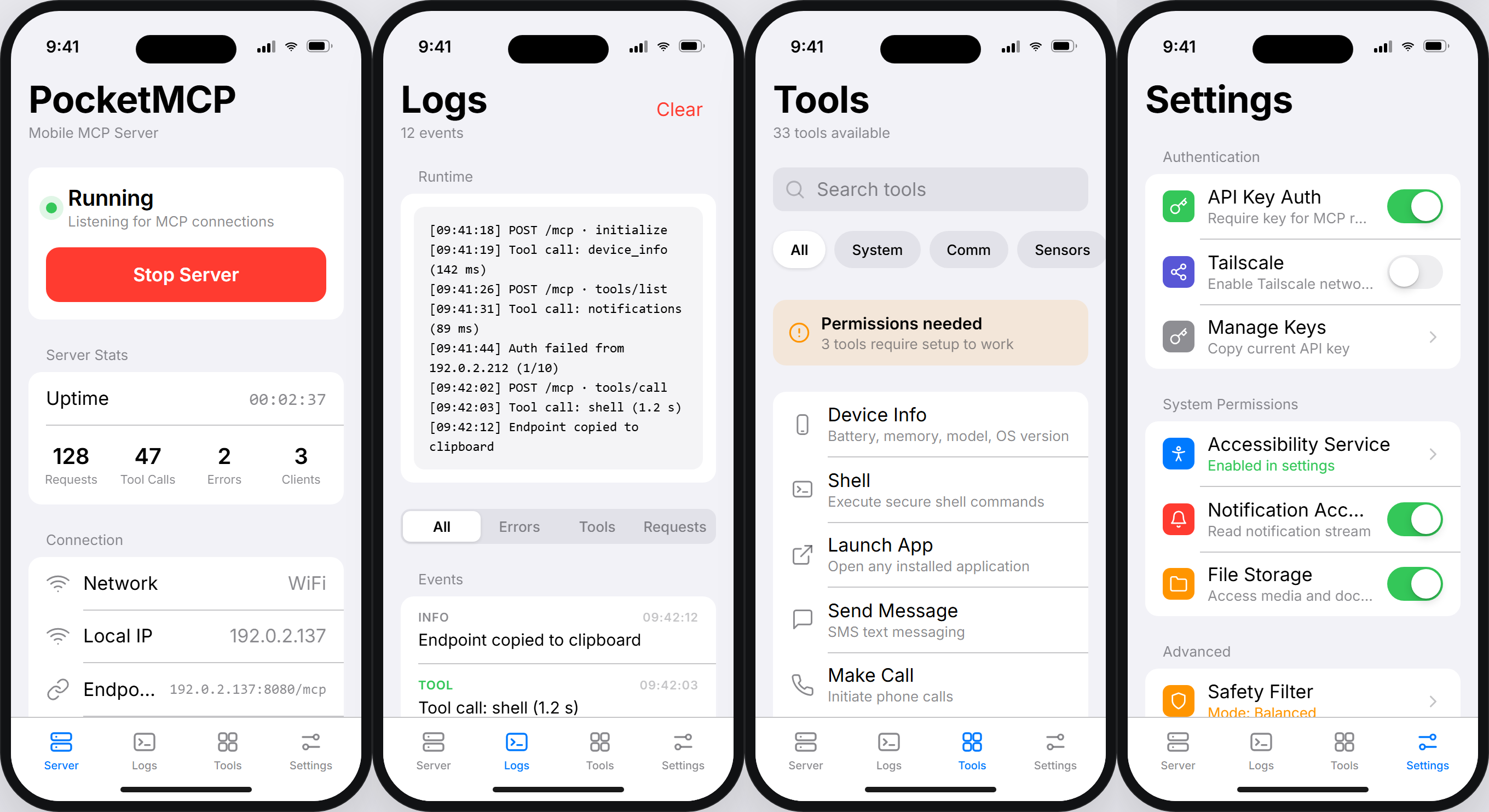 PocketMCP — Server, Logs, Tools, and Settings in light mode