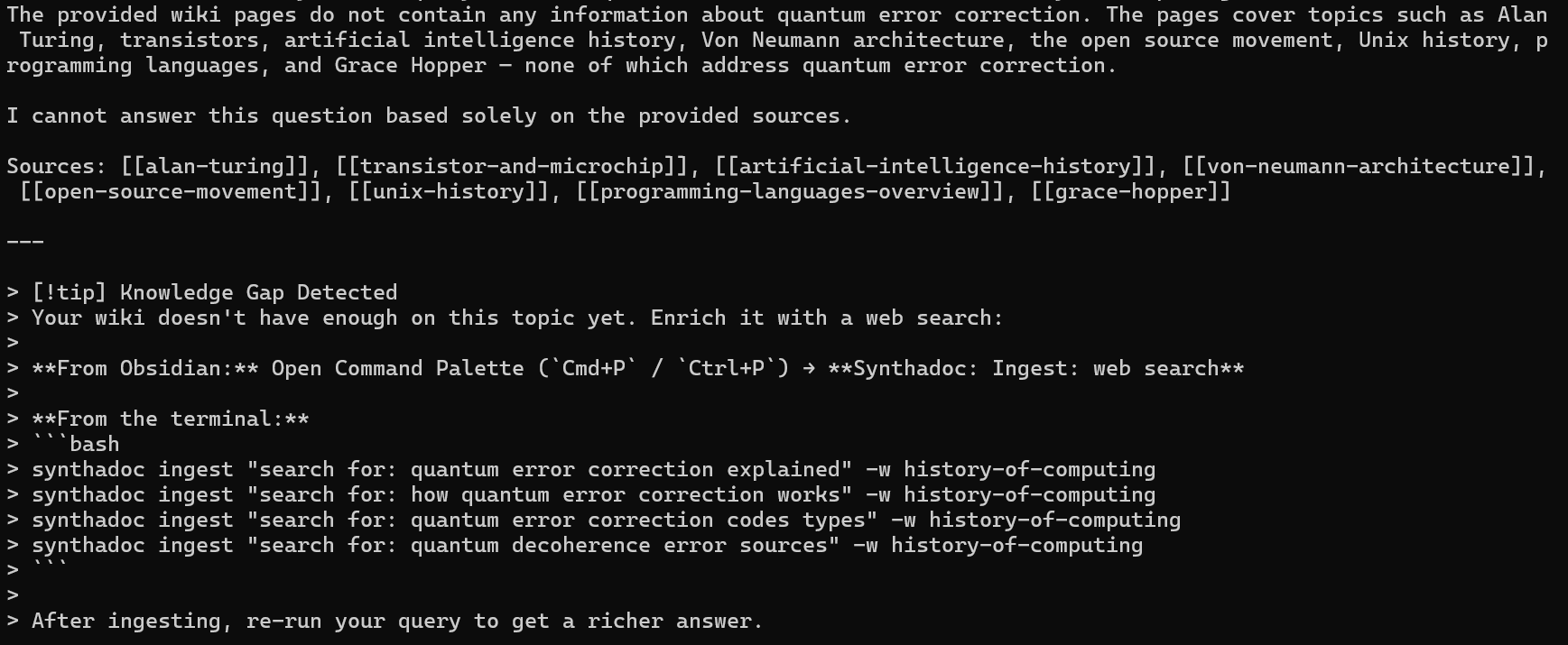 CLI query result with knowledge gap callout