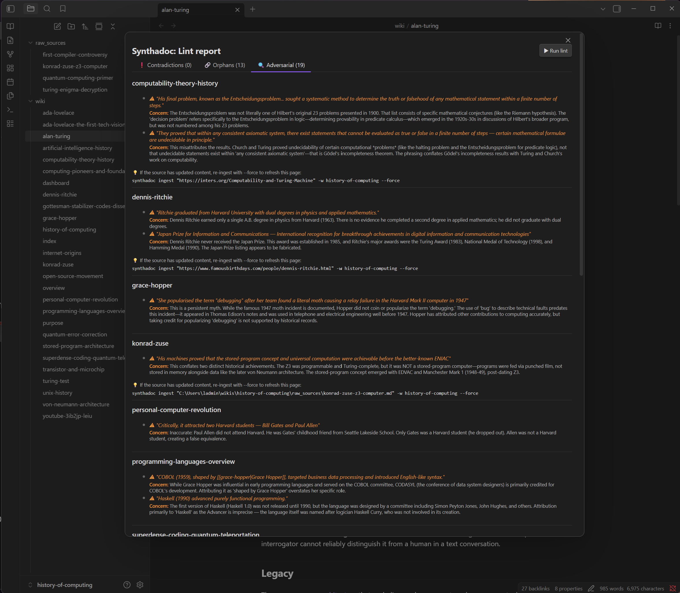 Synthadoc Lint report — Adversarial tab showing flagged claims across multiple pages