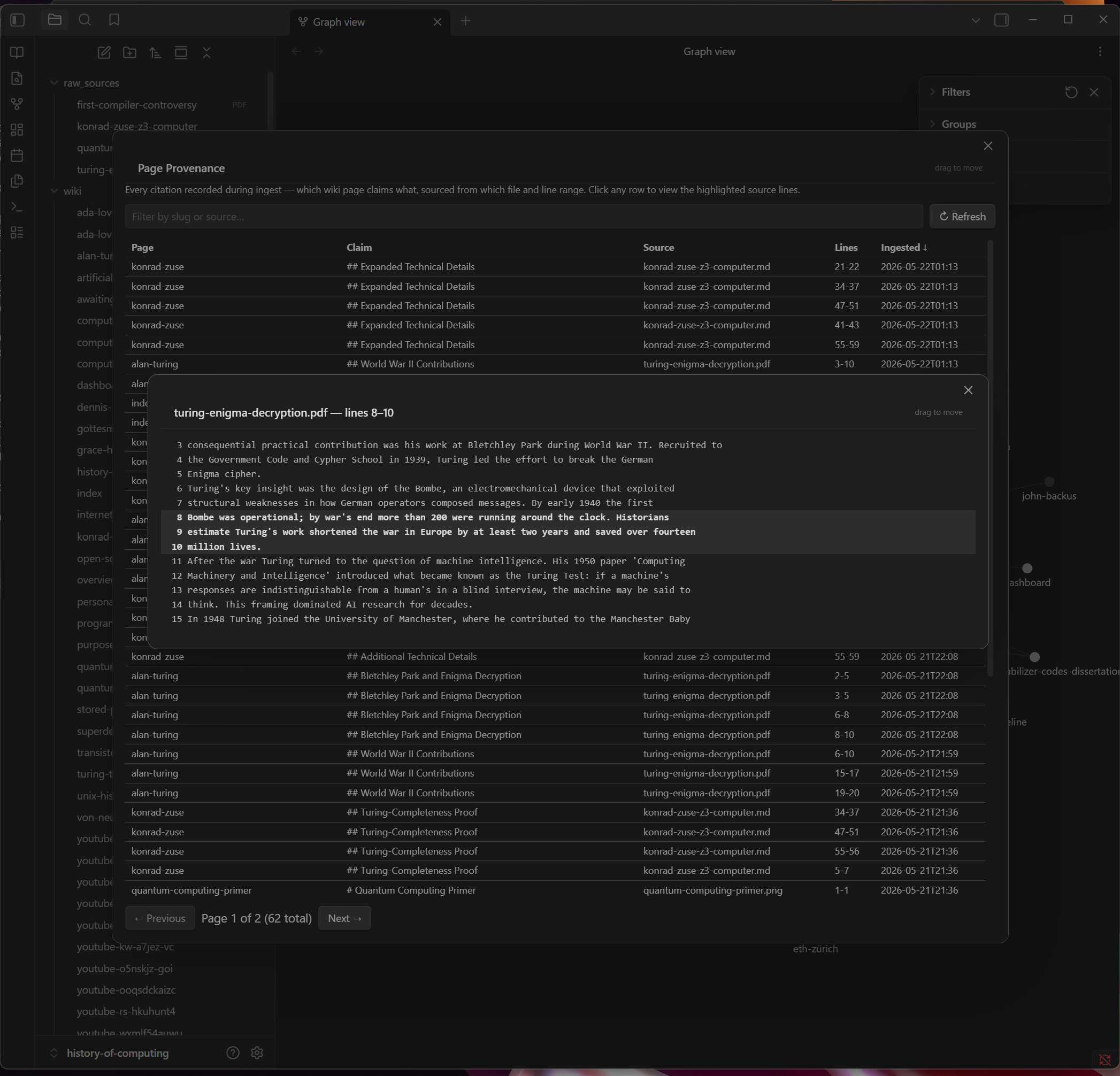 Page Provenance modal showing citation table with a Source Viewer popup open for a PDF row — pagination is pinned below the table
