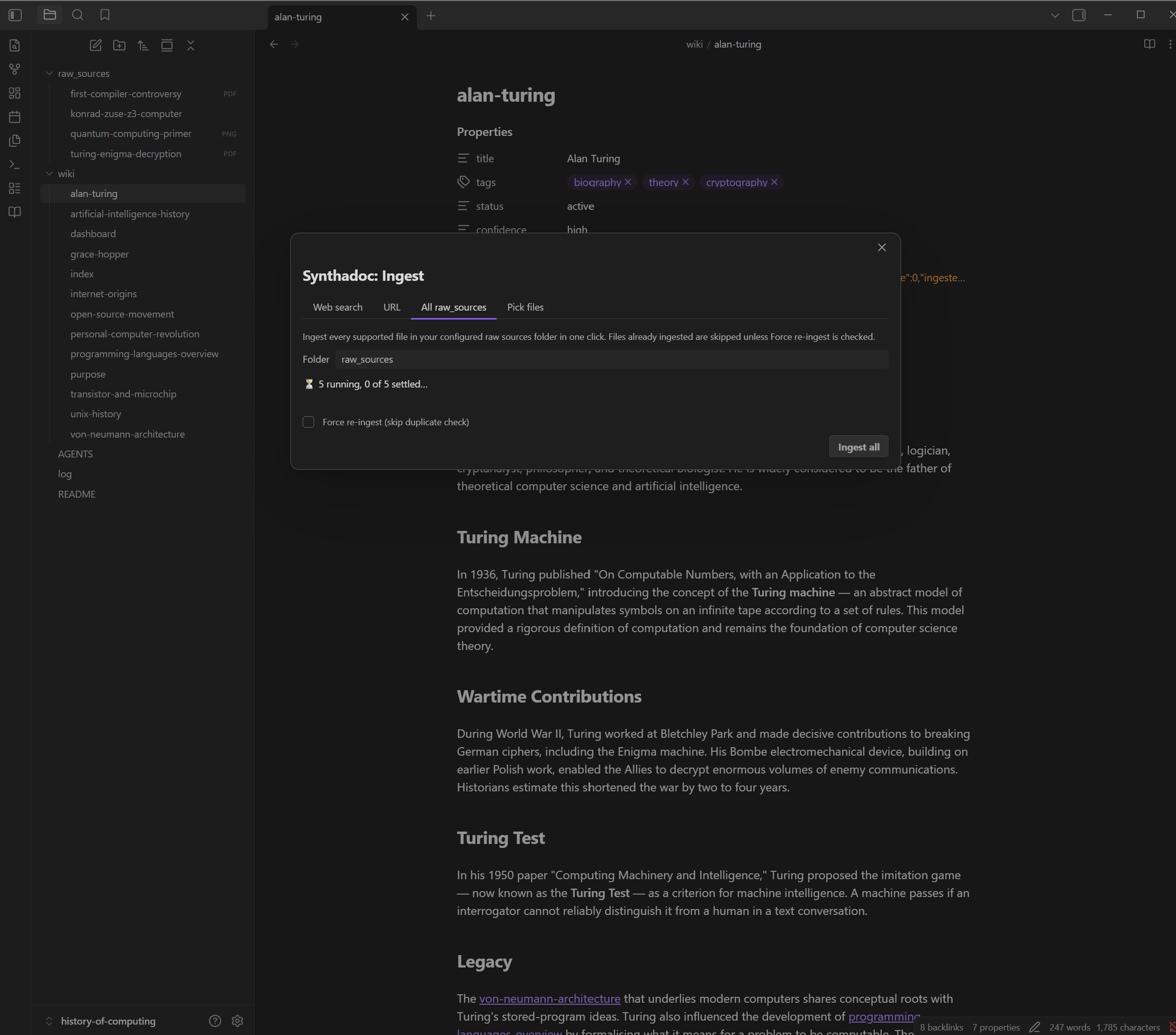 Synthadoc Ingest modal — All raw_sources tab queuing source files for batch ingest