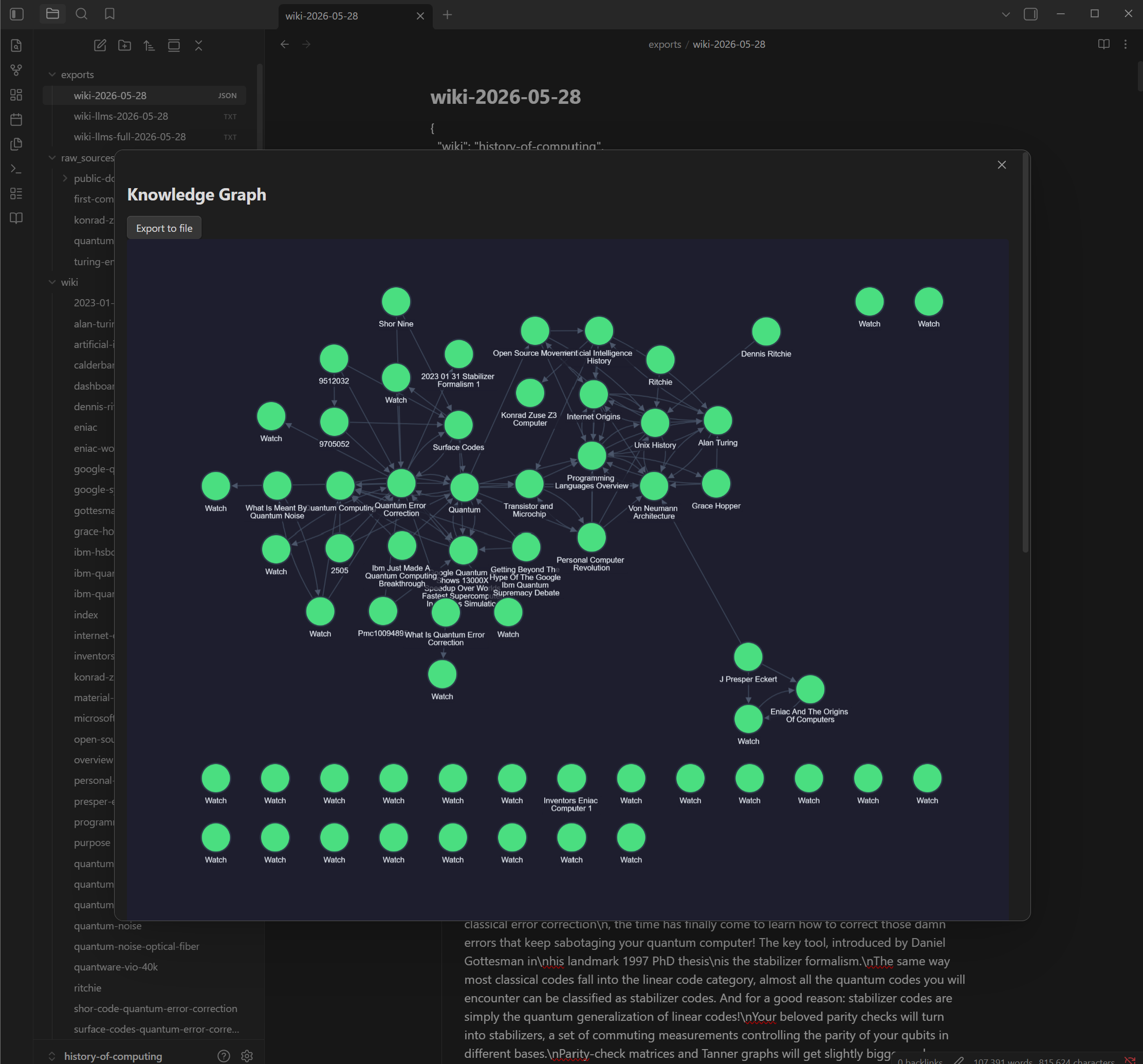 Synthadoc inline knowledge graph viewer — nodes represent wiki pages, edges represent wikilinks, with a View Graph preview inside Obsidian
